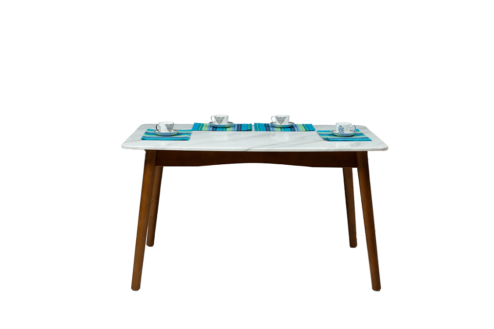 Atlanta Dining Table with Composite Marble and Wooden Leg in Carrara Marble Finish