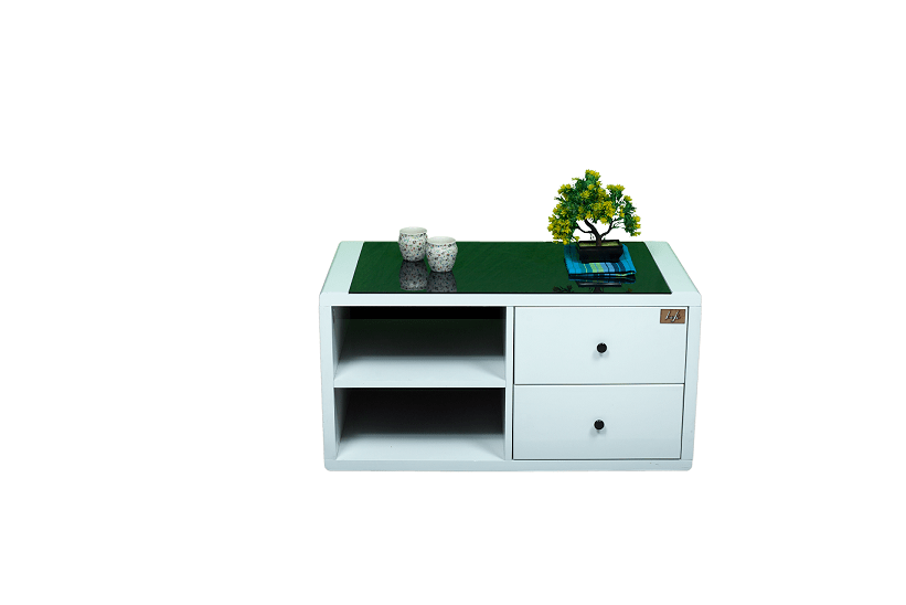 Feather Tea Table/Centre Table with MDF & PU in White Color with Black Glass Top