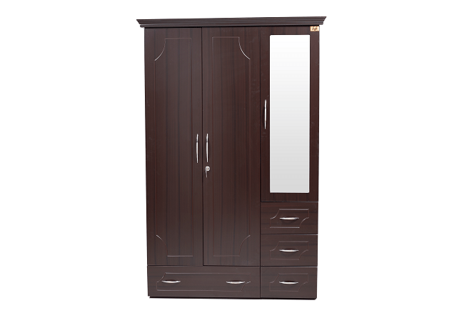 Arnold 3 Door Wardrobe with Mirror with MDF & PU in Dark Chocolate Color
