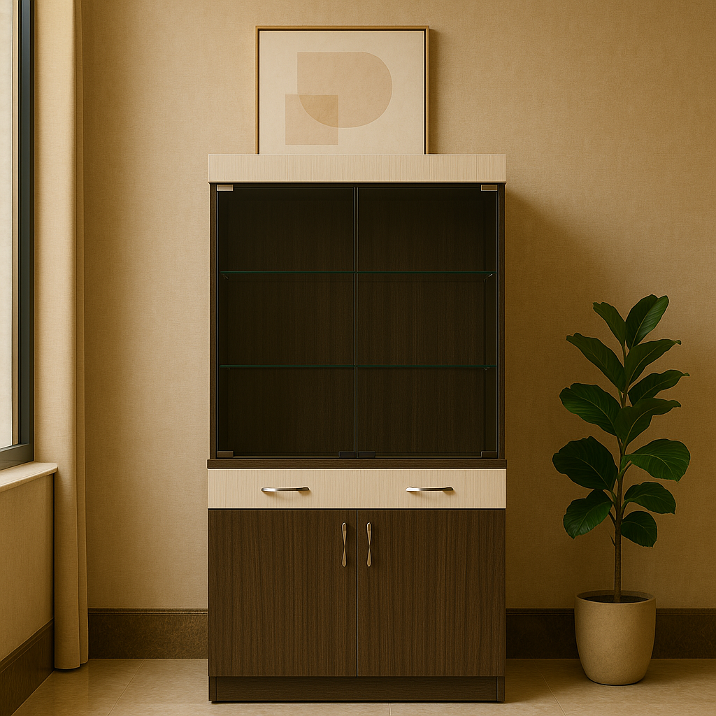 Astral Crockery unit of Engineered Wood in Dark Wood & Biege Color