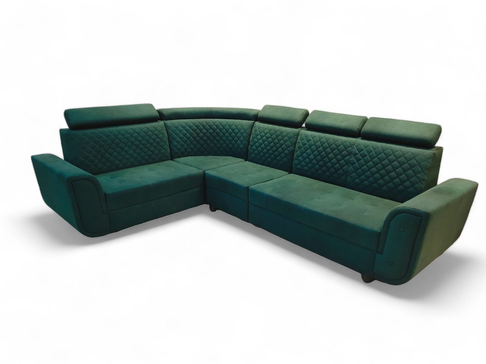 Raveena L-Sofa with Side Adjustable Head Rest Adjustable Greean Fabric